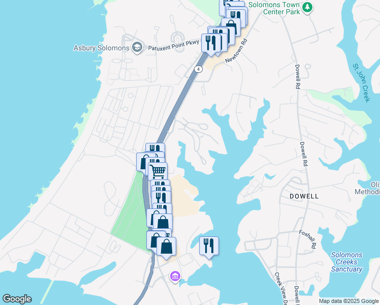 map of restaurants, bars, coffee shops, grocery stores, and more near 350 Driftwood Lane in Solomons