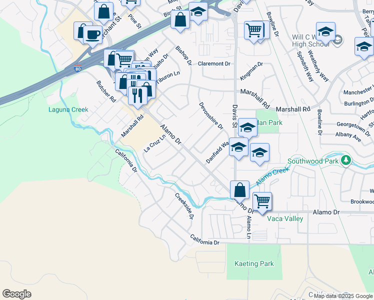 map of restaurants, bars, coffee shops, grocery stores, and more near 1277 Alamo Drive in Vacaville