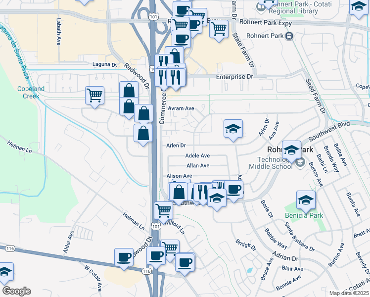 map of restaurants, bars, coffee shops, grocery stores, and more near 137 Arlen Drive in Rohnert Park