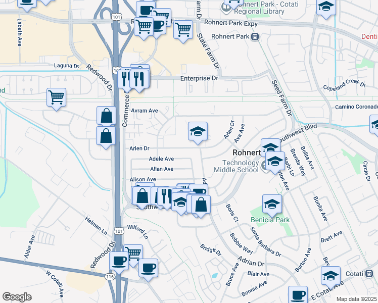 map of restaurants, bars, coffee shops, grocery stores, and more near 291 Santa Alicia Drive in Rohnert Park