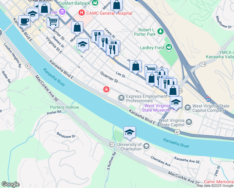 map of restaurants, bars, coffee shops, grocery stores, and more near in Charleston
