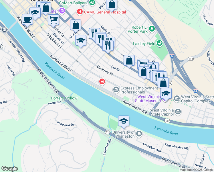 map of restaurants, bars, coffee shops, grocery stores, and more near in Charleston