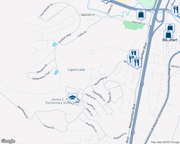 map of restaurants, bars, coffee shops, grocery stores, and more near 7019 Randolph Drive in Barnhart