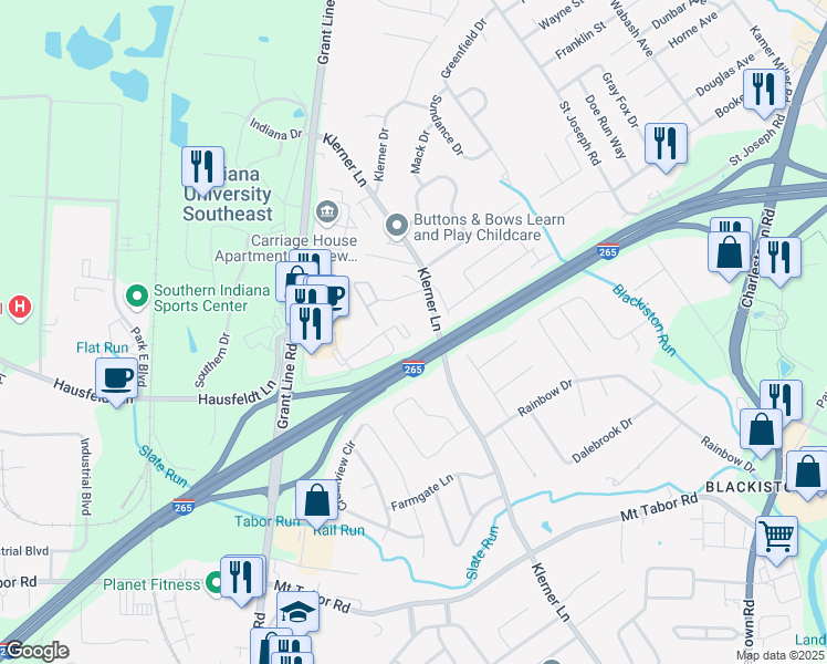 map of restaurants, bars, coffee shops, grocery stores, and more near 3931 Klerner Lane in New Albany