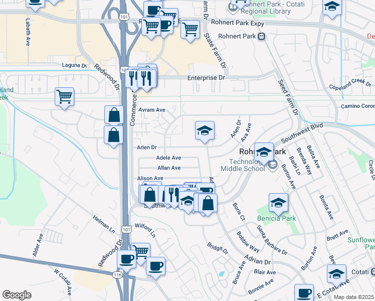 map of restaurants, bars, coffee shops, grocery stores, and more near 301 Arlen Drive in Rohnert Park