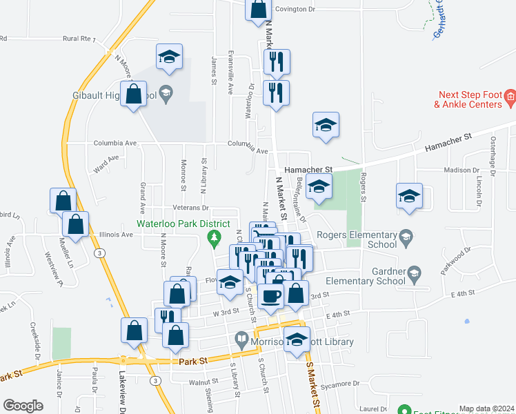 map of restaurants, bars, coffee shops, grocery stores, and more near 237 North Main Street in Waterloo