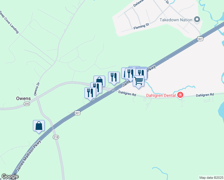 map of restaurants, bars, coffee shops, grocery stores, and more near U.S. 301 & Dahlgren Rd in King George