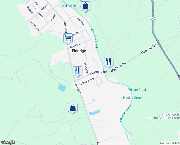 map of restaurants, bars, coffee shops, grocery stores, and more near 831 Madrone Road in Glen Ellen