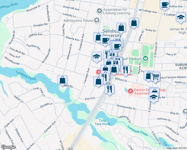 map of restaurants, bars, coffee shops, grocery stores, and more near 201 Pine Bluff Road in Salisbury