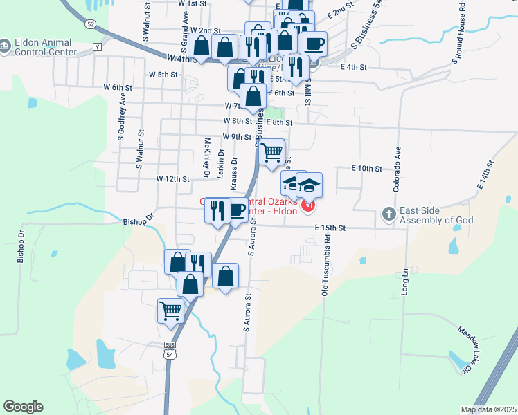 map of restaurants, bars, coffee shops, grocery stores, and more near 1328 South Aurora Street in Eldon