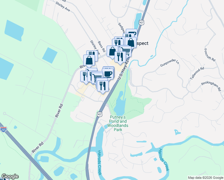 map of restaurants, bars, coffee shops, grocery stores, and more near U.S. Highway 42 in Prospect