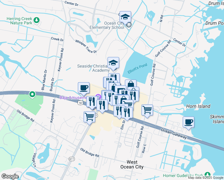 map of restaurants, bars, coffee shops, grocery stores, and more near 12641 Ocean Gateway in Ocean City