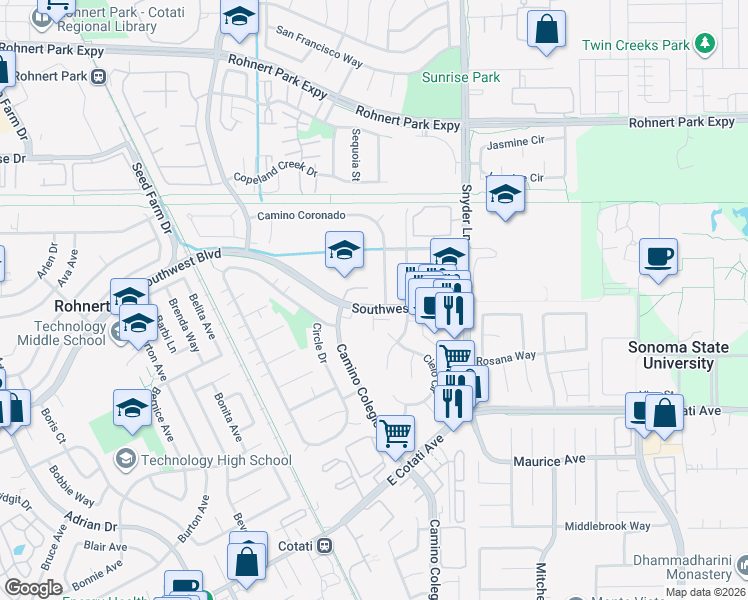 map of restaurants, bars, coffee shops, grocery stores, and more near 1348 Southwest Boulevard in Rohnert Park