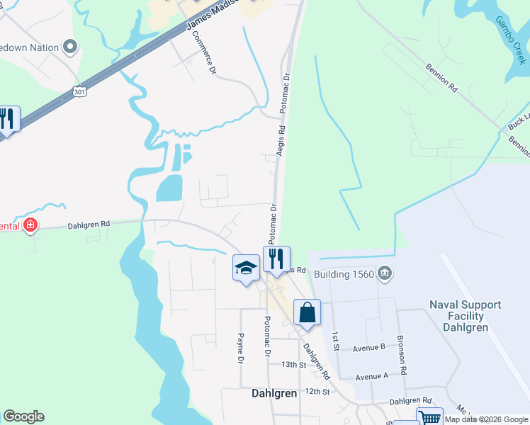 map of restaurants, bars, coffee shops, grocery stores, and more near 5166 Potomac Drive in King George