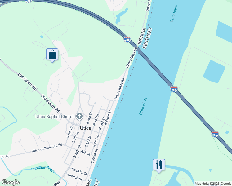 map of restaurants, bars, coffee shops, grocery stores, and more near 4713 Upper River Road in Jeffersonville