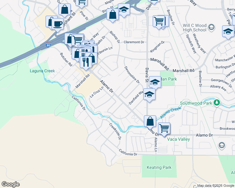 map of restaurants, bars, coffee shops, grocery stores, and more near 1211 Alderwood Way in Vacaville