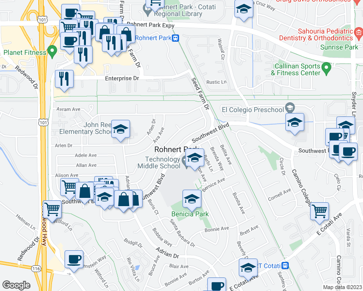 map of restaurants, bars, coffee shops, grocery stores, and more near 499 Alta Avenue in Rohnert Park