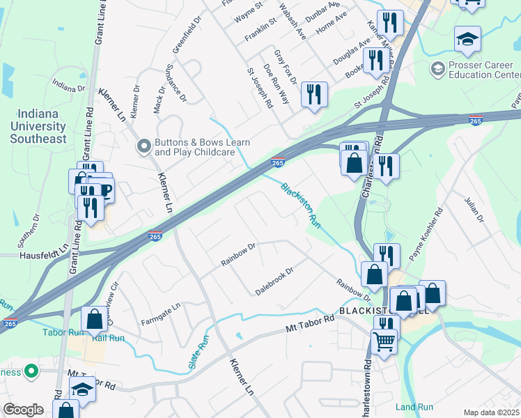 map of restaurants, bars, coffee shops, grocery stores, and more near 3808 Laurens Circle in New Albany