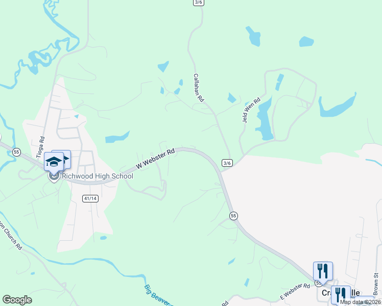 map of restaurants, bars, coffee shops, grocery stores, and more near 17150 West Webster Road in Craigsville