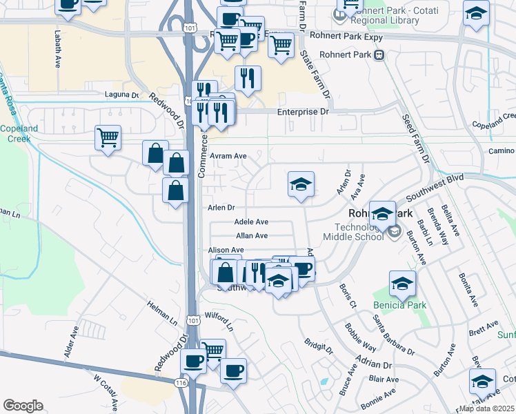 map of restaurants, bars, coffee shops, grocery stores, and more near 390 Arlen Drive in Rohnert Park