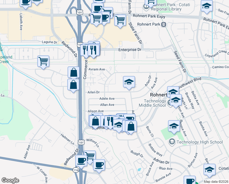 map of restaurants, bars, coffee shops, grocery stores, and more near 282 Arlen Drive in Rohnert Park