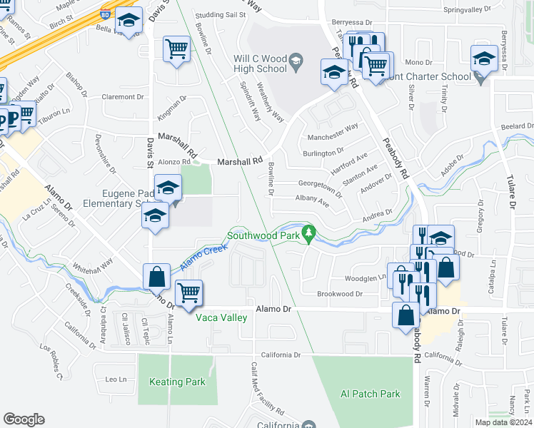 map of restaurants, bars, coffee shops, grocery stores, and more near 472 Bowline Drive in Vacaville