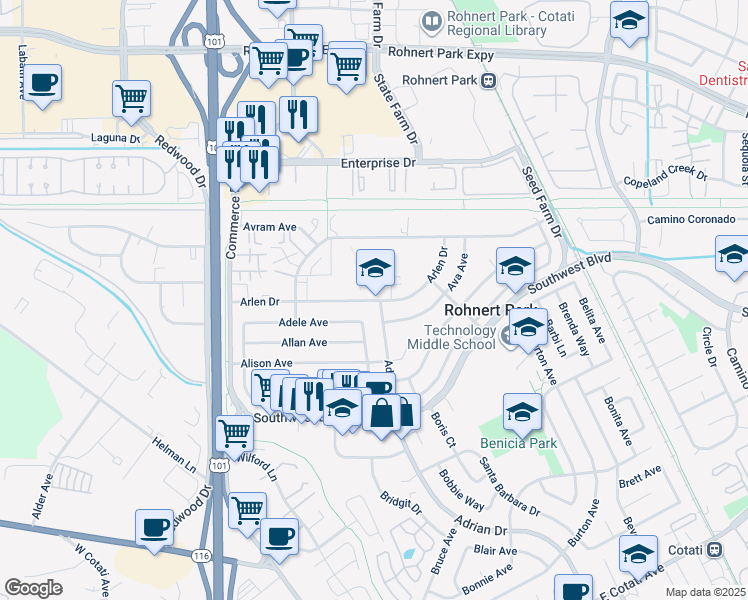 map of restaurants, bars, coffee shops, grocery stores, and more near 390 Arlen Drive in Rohnert Park