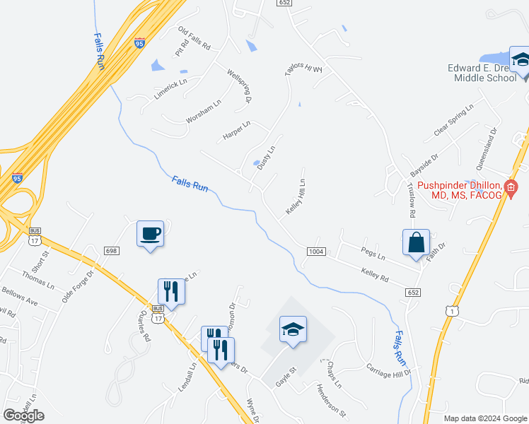map of restaurants, bars, coffee shops, grocery stores, and more near 151 Kelley Road in Fredericksburg