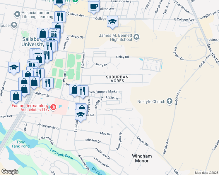 map of restaurants, bars, coffee shops, grocery stores, and more near 122 Francis Drive in Salisbury