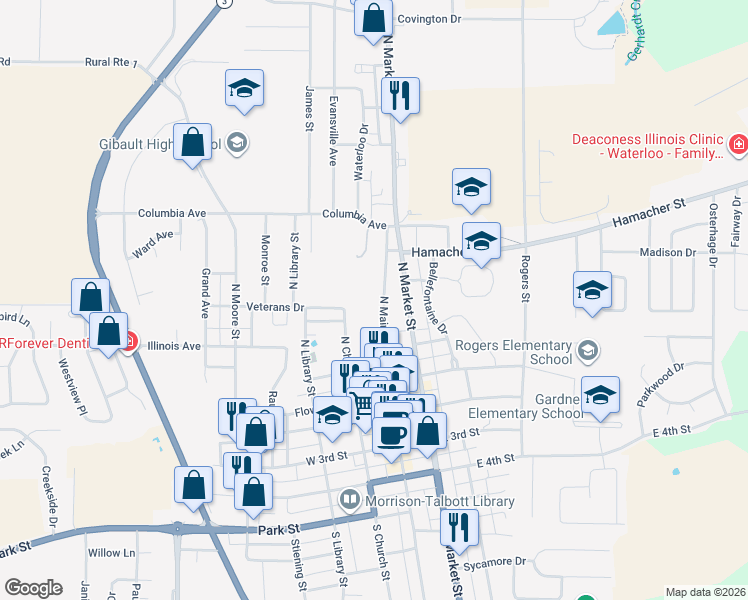 map of restaurants, bars, coffee shops, grocery stores, and more near 237 North Main Street in Waterloo