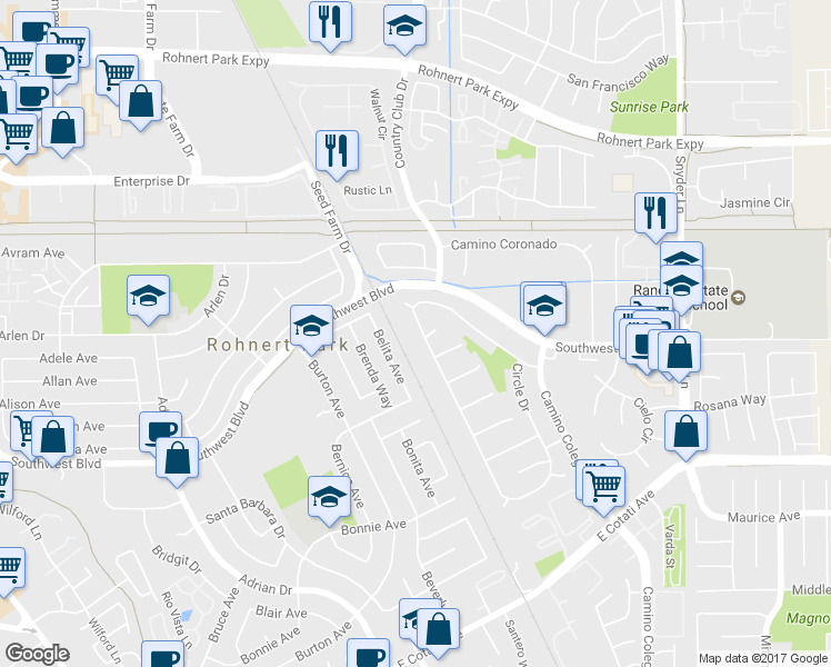 map of restaurants, bars, coffee shops, grocery stores, and more near 7253 Circle Drive in Rohnert Park
