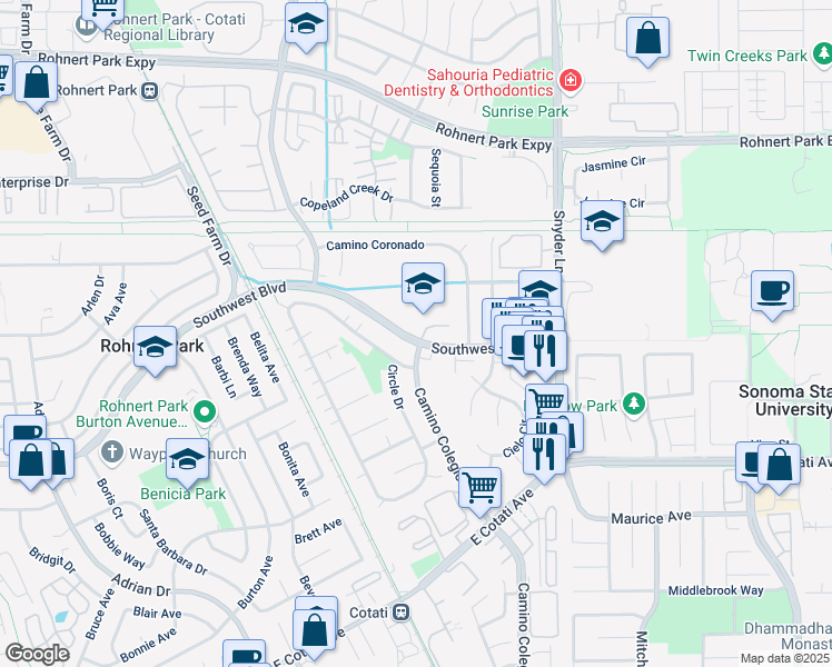 map of restaurants, bars, coffee shops, grocery stores, and more near 1272 Southwest Boulevard in Rohnert Park
