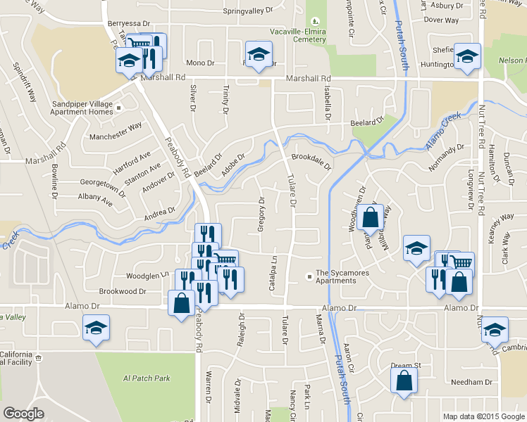 map of restaurants, bars, coffee shops, grocery stores, and more near 544 Gregory Drive in Vacaville