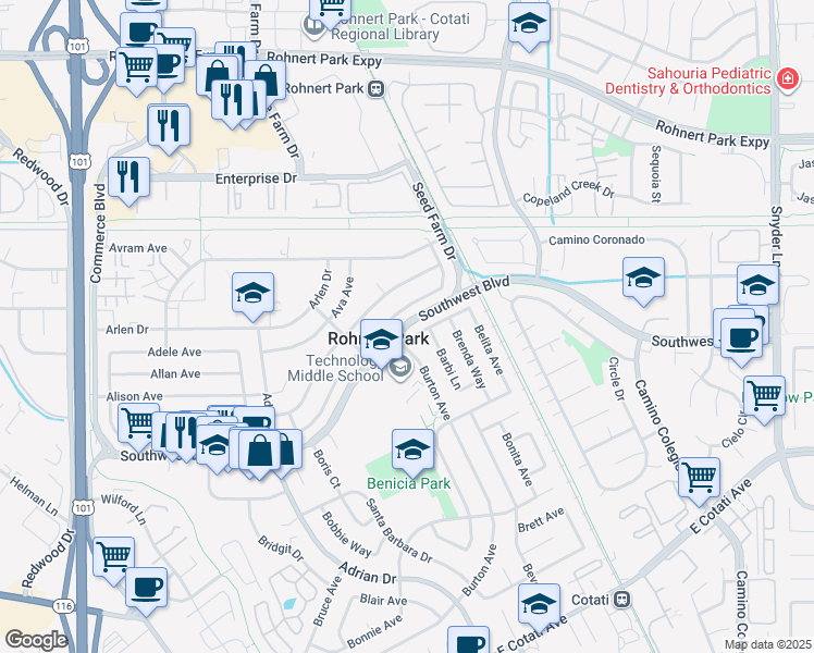 map of restaurants, bars, coffee shops, grocery stores, and more near in Rohnert Park