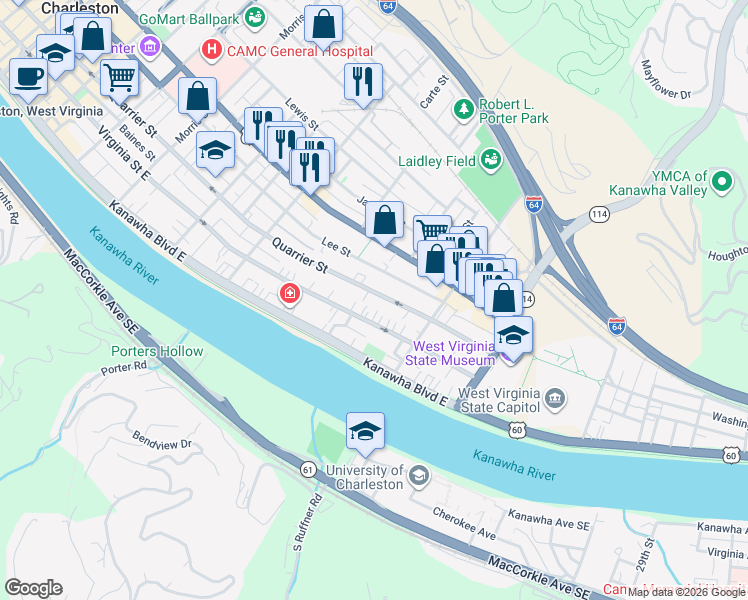 map of restaurants, bars, coffee shops, grocery stores, and more near in Charleston