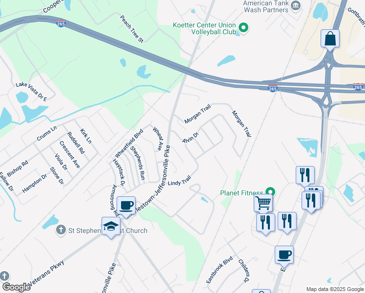 map of restaurants, bars, coffee shops, grocery stores, and more near 3615 Lindy Trail in Jeffersonville