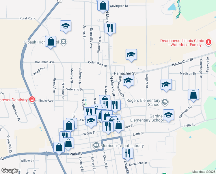 map of restaurants, bars, coffee shops, grocery stores, and more near 321 North Market Street in Waterloo
