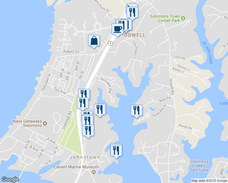 map of restaurants, bars, coffee shops, grocery stores, and more near 904 Spinnaker Way in Solomons