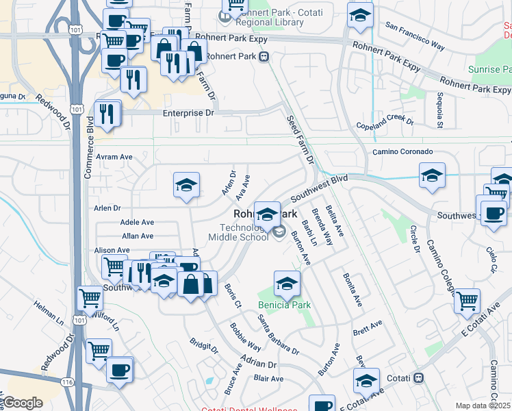 map of restaurants, bars, coffee shops, grocery stores, and more near 485 Anson Avenue in Rohnert Park