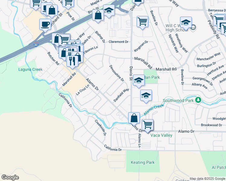 map of restaurants, bars, coffee shops, grocery stores, and more near 1243 Balsam Way in Vacaville