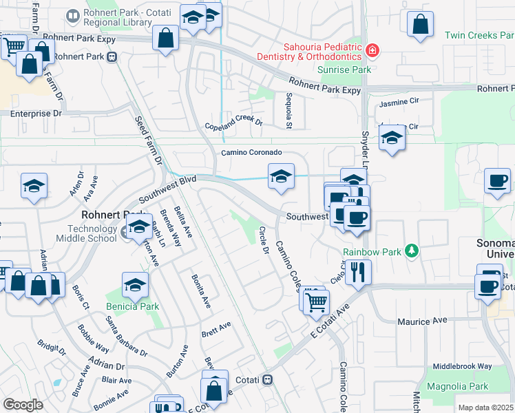 map of restaurants, bars, coffee shops, grocery stores, and more near 1219 Southwest Boulevard in Rohnert Park