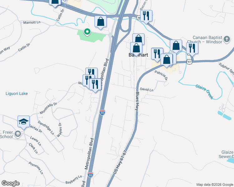map of restaurants, bars, coffee shops, grocery stores, and more near 7086 Ridge Drive in Barnhart