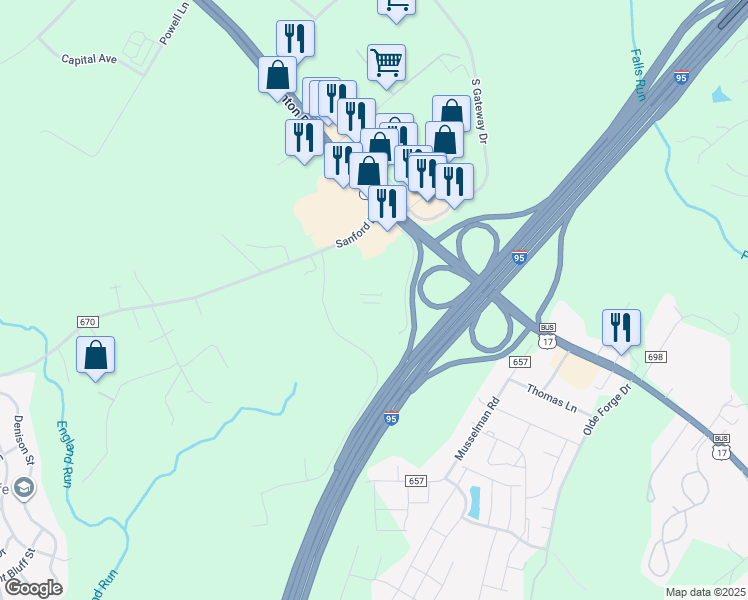 map of restaurants, bars, coffee shops, grocery stores, and more near 64 Simpson Road in Fredericksburg