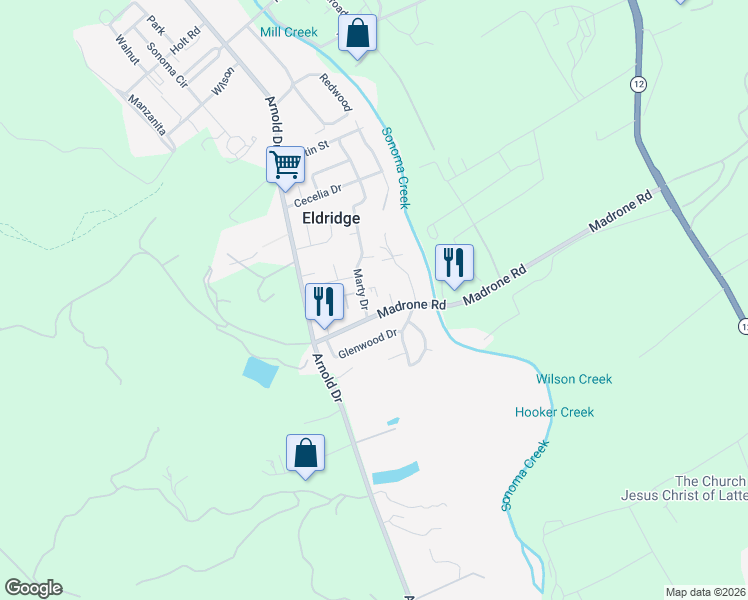 map of restaurants, bars, coffee shops, grocery stores, and more near 15443 Marty Drive in Glen Ellen