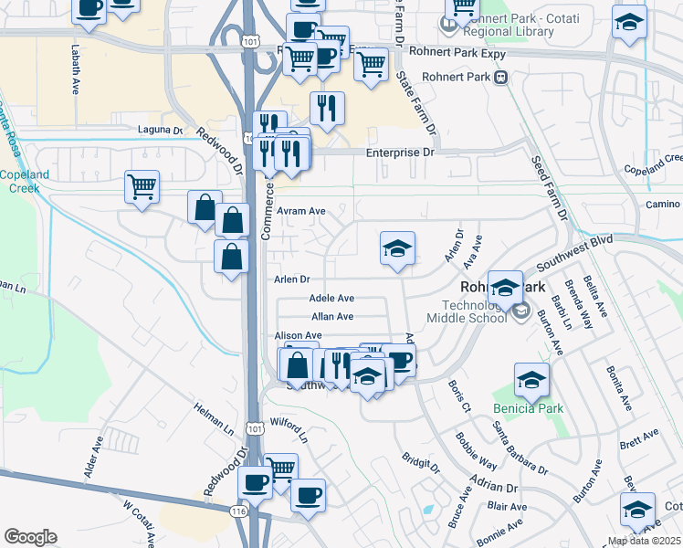 map of restaurants, bars, coffee shops, grocery stores, and more near 950 Santa Alicia Drive in Rohnert Park