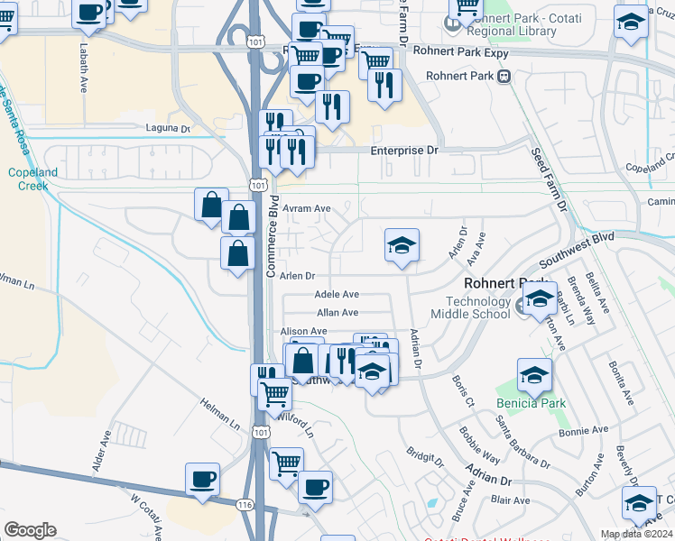 map of restaurants, bars, coffee shops, grocery stores, and more near 950 Santa Alicia Drive in Rohnert Park