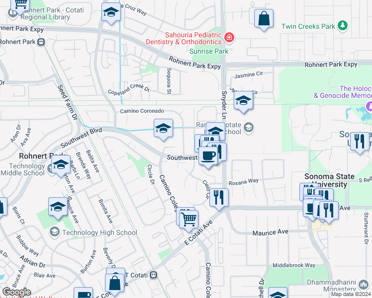map of restaurants, bars, coffee shops, grocery stores, and more near 1326 Camino Coronado in Rohnert Park