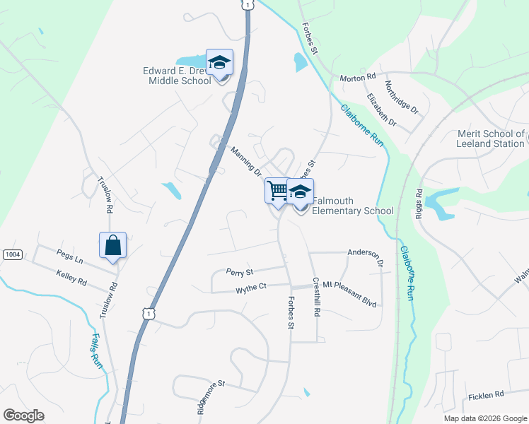 map of restaurants, bars, coffee shops, grocery stores, and more near 1005 Manning Drive in Fredericksburg