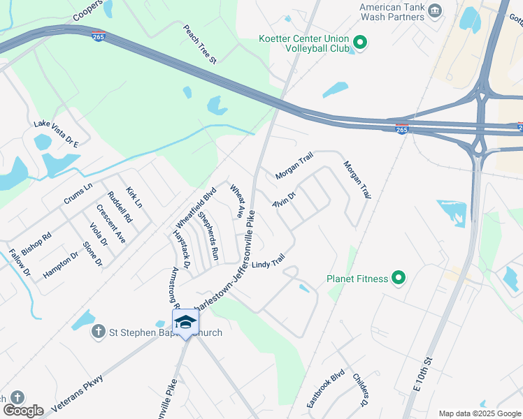map of restaurants, bars, coffee shops, grocery stores, and more near 3615 Lindy Trail in Jeffersonville