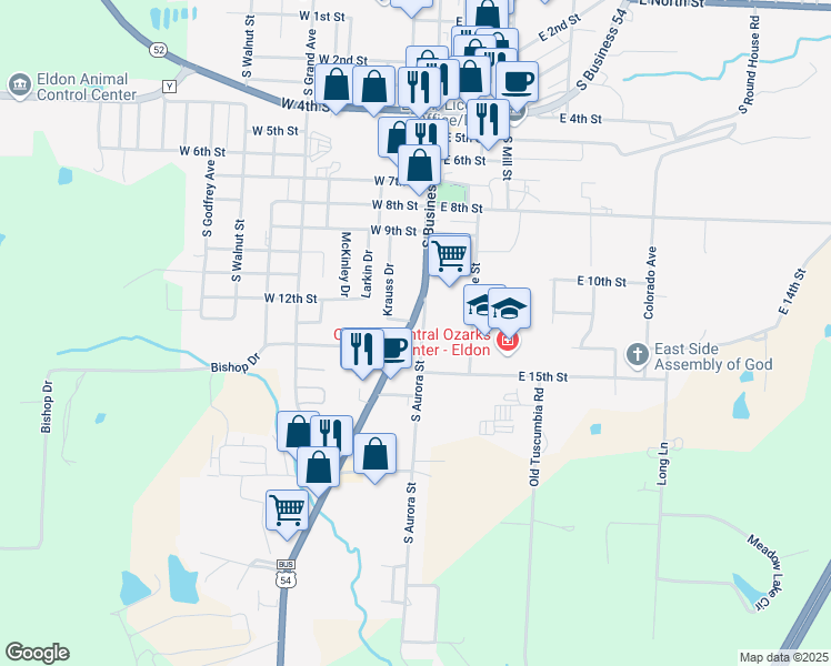 map of restaurants, bars, coffee shops, grocery stores, and more near 1328 S Aurora St in Eldon